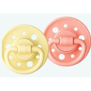 Set of 2 round natural rubber pacifiers 6-36 months Pink/Yellow