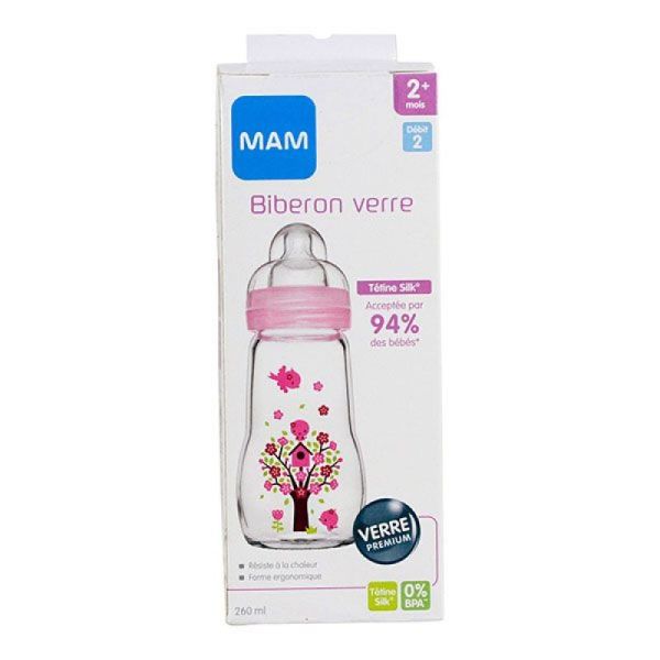 Glass baby bottle +2 months 260ml - pink