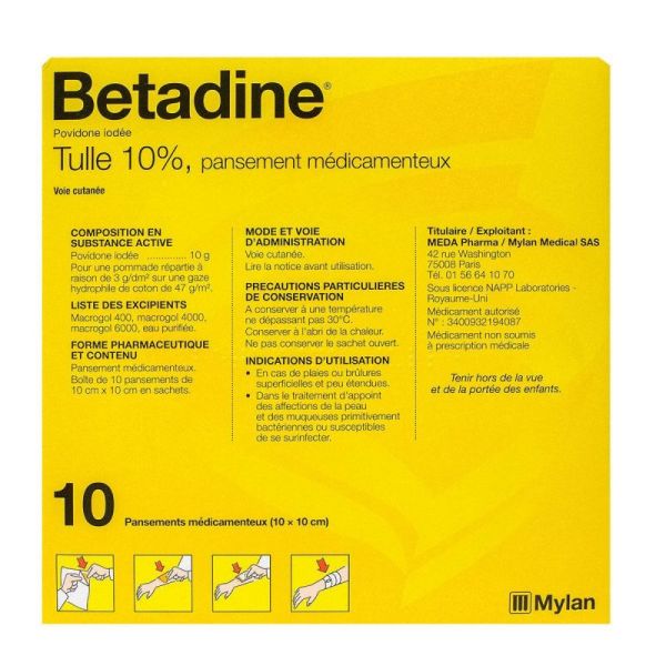 Betadine tulle 10% 10 dressings 10x10cm