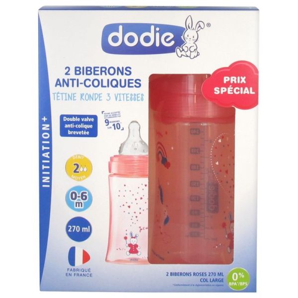 Biberon Anti-Colique Initiation+ 270 ml Débit 2 0-6 Mois Lot de 2 Biberons - Modèle : Fille